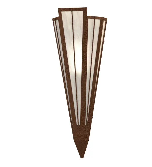 Add elegance with Deco inspired lighting reminiscent of classic Hollywood theaters. The Angelwing Idalight lens defines an extraordinary V-shaped sconce which is complemented with decorative accents, frame, and hardware in a Sepia Brown finish. The fixture is ideal for foyers, corridors and other interiors in homes, home theaters, resorts, hotels, and restaurants. Custom crafted in our 180,000 square foot manufacturing facility in Yorkville, NY. Available in custom designs, lens colors, hardware finishes, and sizes. Dimmable energy efficient lamping options offered. UL and cUL listed for damp and dry locations. Collection: Brum Finish: Sepia Brown Glass: Angelwing Idalight Width: 7.25" Height: 20.00" Length: 4.25" Weight: 4.00 lb Extension from Wall: 4.50" Number of Bulbs: 1 Maximum Wattage: 60.00 W Bulb Type: T10 Bulb Base: E26 Material: Steel Country of Origin: USA Safety Rating: Damp