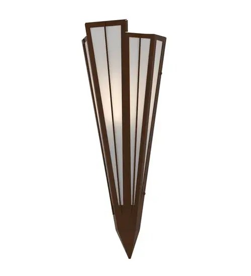 Contrail Mist Idalight is transformed into an abstract lighting design similar to the famed deco designs showcased in Classic Hollywood theaters. This extraordinary V-shaped sconce is complemented with decorative accents and hardware featured in a Sepia Brown finish. Ideal for foyers, corridors and other interiors in homes, home theaters, resorts, hotels and restaurants. Handcrafted by highly skilled artisans in our 180,000 square foot manufacturing facility in Yorkville, New York. Custom colors, styles and sizes are available. Dimmable energy efficient lamping options offered. UL and cUL listed for damp and dry locations. Collection: Brum Finish: Sepia Brown Glass: Contrail Mist Idalight Width: 7.25" Height: 20.00" Length: 4.25" Weight: 4.00 lb Number of Bulbs: 1 Maximum Wattage: 60.00 W Bulb Type: T10 Bulb Base: E26 Material: Steel Country of Origin: USA Safety Rating: Damp - alternate view