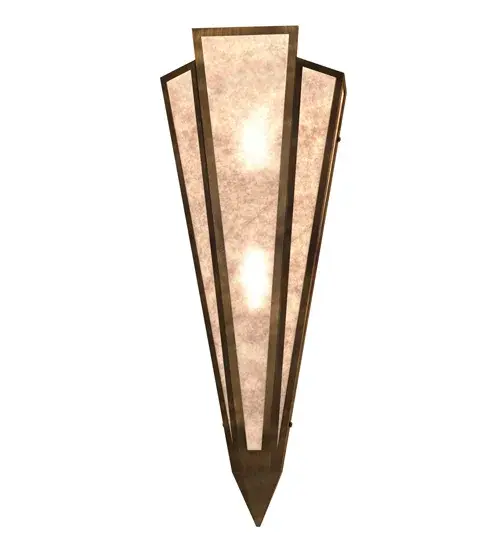 Silver Mica is transformed into cool abstract lighting design similar to the famed deco designs showcased in Classic Hollywood theaters. This extraordinary V-shaped sconce is complemented with decorative accents and hardware featured in an Antique Copper finish. Ideal for foyers, corridors and other interiors in homes, home theaters, resorts, hotels and restaurants. Handcrafted by highly skilled artisans in our 180,000 square foot manufacturing facility in Yorkville, New York. Custom colors, styles and sizes are available. Dimmable energy efficient lamping options offered. UL and cUL listed for damp and dry locations. Collection: Brum Finish: Antique Copper Glass: Silver Mica Width: 8.50" Height: 22.00" Length: 5.00" Weight: 4.00 lb Extension from Wall: 5.00" Number of Bulbs: 2 Maximum Wattage: 60.00 W Bulb Type: B10 Bulb Base: E12 Material: Steel Country of Origin: USA Safety Rating: Damp - alternate view