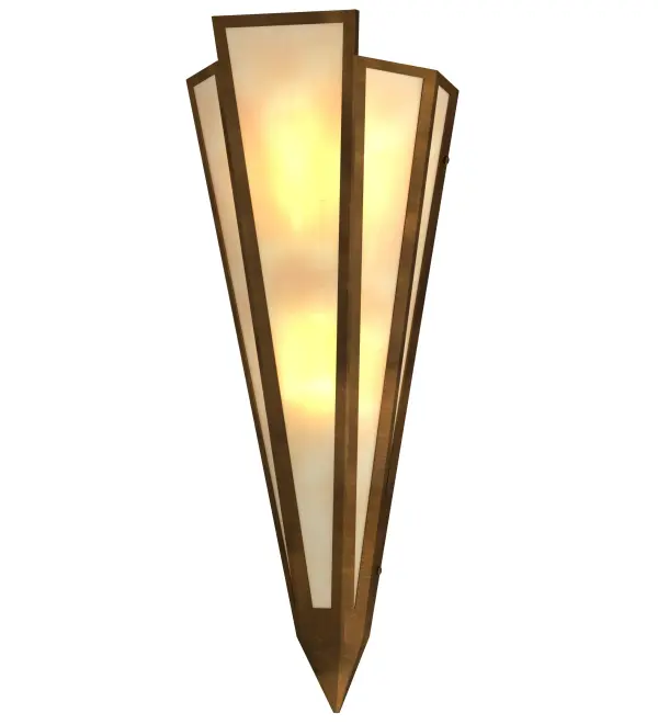 Beige Art Glass is transformed into an abstract lighting design similar to the famed deco designs showcased in Classic Hollywood theaters. This extraordinary V-shaped sconce is complemented with decorative accents and hardware featured in an Antique Copper finish. The fixture is ideal for foyers, corridors and other interiors in homes, home theaters, resorts, hotels and restaurants. Handcrafted by highly skilled artisans in our 180,000 square foot manufacturing facility in Yorkville, New York. Custom colors, styles and sizes are available. Dimmable energy efficient lamping options offered. UL and cUL listed for damp and dry locations. Collection: Brum Finish: Antique Copper Glass: Beige Art Glass Width: 8.50" Height: 22.00" Length: 5.00" Weight: 5.00 lb Number of Bulbs: 2 Maximum Wattage: 60.00 W Bulb Type: B10 Bulb Base: E12 Material: Steel Country of Origin: USA Safety Rating: Damp