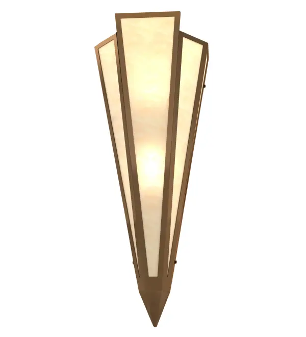 Sahara Taupe Idalight is transformed into an abstract lighting design similar to the famed deco designs showcased in Classic Hollywood theaters. This extraordinary V-shaped sconce is complemented with decorative accents and hardware featured in an Antique Copper finish. The fixture is ideal for foyers, corridors and other interiors in homes, home theaters, resorts, hotels and restaurants. Handcrafted by highly skilled artisans in our 180,000 square foot manufacturing facility in Yorkville, New York. Custom colors, styles and sizes are available. Dimmable energy efficient lamping options offered. UL and cUL listed for damp and dry locations. Collection: Brum Finish: Antique Copper Glass: Sahara Taupe Idalight Width: 8.50" Height: 22.00" Length: 5.00" Weight: 4.50 lb Extension from Wall: 5.00" Number of Bulbs: 2 Maximum Wattage: 60.00 W Bulb Type: B10 Bulb Base: E12 Material: Steel Country of Origin: USA Safety Rating: Damp
