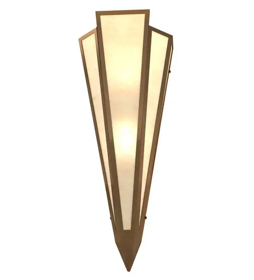 Sahara Taupe Idalight is transformed into an abstract lighting design similar to the famed deco designs showcased in Classic Hollywood theaters. This extraordinary V-shaped sconce is complemented with decorative accents and hardware featured in an Antique Copper finish. The fixture is ideal for foyers, corridors and other interiors in homes, home theaters, resorts, hotels and restaurants. Handcrafted by highly skilled artisans in our 180,000 square foot manufacturing facility in Yorkville, New York. Custom colors, styles and sizes are available. Dimmable energy efficient lamping options offered. UL and cUL listed for damp and dry locations. Collection: Brum Finish: Antique Copper Glass: Sahara Taupe Idalight Width: 8.50" Height: 22.00" Length: 5.00" Weight: 4.50 lb Extension from Wall: 5.00" Number of Bulbs: 2 Maximum Wattage: 60.00 W Bulb Type: B10 Bulb Base: E12 Material: Steel Country of Origin: USA Safety Rating: Damp - alternate view