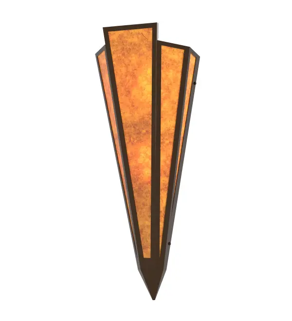 Amber Mica is transformed into a cool abstract lighting design similar to the famed deco designs showcased in Classic Hollywood theaters. This extraordinary V-shaped sconce is complemented with decorative accents and hardware featured in a Timeless Bronze finish. The fixture is ideal for foyers, corridors and other interiors in homes, home theaters, resorts, hotels and restaurants. Handcrafted by highly skilled artisans in our 180,000 square foot manufacturing facility in Yorkville, New York. Custom colors, styles and sizes are available. Dimmable energy efficient lamping options offered. UL and cUL listed for damp and dry locations. Collection: Brum Finish: Timeless Bronze Glass: Amber Mica Width: 8.50" Height: 22.00" Length: 5.00" Weight: 4.00 lb Number of Bulbs: 2 Maximum Wattage: 60.00 W Bulb Type: B10 Bulb Base: E12 Material: Steel Country of Origin: USA Safety Rating: Damp