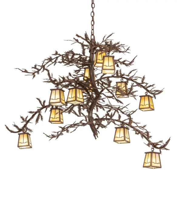 Invite the natural charm of the American woodlands into your camp; lodge; home; or business with this awe-inspiring chandelier. Twelve Beige Art Glass lanterns are offered in this stunning Arts & Crafts design and adorn Pine Branch-shaped metal arms with Pine needle metal accents. This lovely; elaborate fixture features a warm Cafe Noir finish. It is ideal for making a dramatic design statement in an entryway; lobby; or ballroom. The overall height ranges from 42 to 71 inches; as the chain can be adjusted on location to meet your precise lighting requirements. The Pine Branch 12 Light Custom Chandelier is included in our American-made; American-designed; handcrafted Nature Inspired Lighting Collection and manufactured in Yorkville; New York. UL and cUL listed for dry and damp locations. Upstate New York's adventurous playland; known as the Adirondack Mountains; with its many breathtaking forests; lakes; and rivers; is the spiritual birthplace of Meyda and inspires our rustic-themed collections.