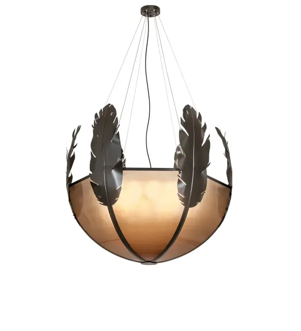 This stunning pendant features an inverted Bronze Fade Idalight shade that is enhanced with six Statuary Bronze Metallic feather silhouettes. The inverted pendant can illuminate kitchens, dining spaces, and entryways in homes, restaurants, and other spaces. The overall height ranges from 60 to 135 inches as the chain can easily be adjusted on location. The Feather Pendant is included in our American-made, American-designed, handcrafted Modern Lighting Collection and manufactured in Yorkville, NY. UL & cUL listed for dry and damp locations. Collection: Feather Finish: Statuary Bronze Metallic Glass: Bronze Fade Idalight Width: 48.50" Height: 60.00" Length: 48.50" Weight: 50.00 lb Number of Bulbs: 8 Maximum Wattage: 9.00 W Bulb Type: A19 Bulb Base: E26 Light Source: LED Material: Steel Country of Origin: USA Safety Rating: Damp LED