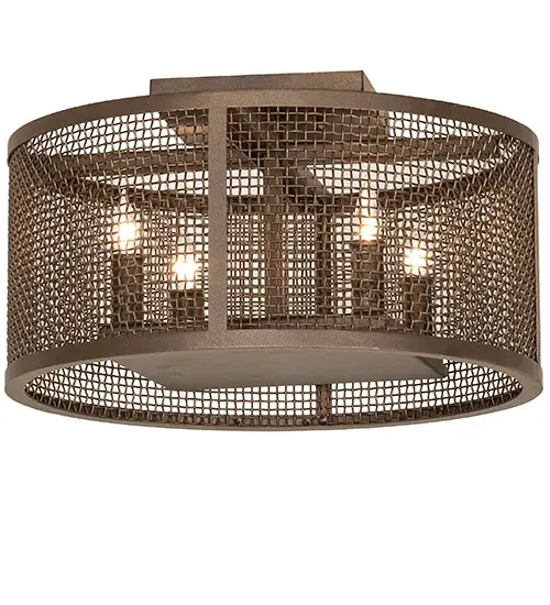 Discover a unique decorative look and industrial lighting design. A Weave-Tex Grid frame reveals 4 Complementary Faux Candlelights with customer-supplied lamps from within. Cilindro Rame offers solid hardware and a frame featured in a Tyler Bronze finish. This distinctive openwork design is ideal for residential, hospitality, or commercial settings. The Cilindro Rame Flushmount is included in our American-made, American-designed, handcrafted Industrial Lighting Collection. Manufactured in Yorkville, New York. UL and cUL listed for dry and damp locations. Collection: Cilindro Finish: Tyler Bronze Glass: Chocolate Width: 15.00" Height: 8.50" Length: 15.00" Weight: 10.00 lb Number of Bulbs: 4 Maximum Wattage: 60.00 W Bulb Type: BA9 Bulb Base: E12 Material: Steel Country of Origin: USA Safety Rating: Damp - alternate view