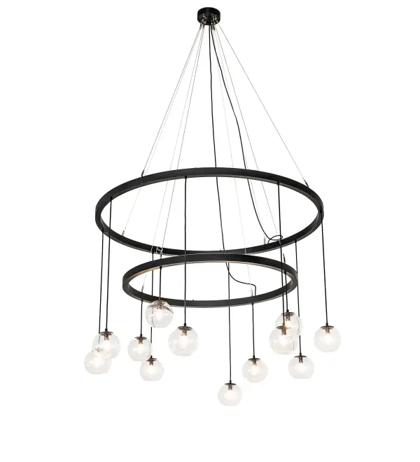 Innovation and imagination are integrated for a stunning decorative lighting look. A captivating illuminating design; this cascading chandelier displays 12 Clear Seeded Glass globes. The Bola orbs reveal customer-supplied Edison bulbs attached to hardware featured in a Solar Black finish. The chandelier is perfect for foyers; lobbies; and other spaces with tall ceilings. The Bola Chandelier is featured in our American-made; American-designed; handmade Modern Lighting Collection and manufactured in Yorkville; NY. UL & cUL listed for dry and damp locations.