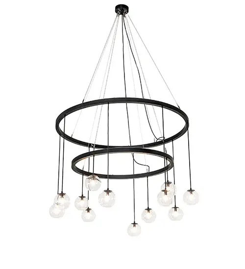 Innovation and imagination are integrated for a stunning decorative lighting look. A captivating illuminating design; this cascading chandelier displays 12 Clear Seeded Glass globes. The Bola orbs reveal customer-supplied Edison bulbs attached to hardware featured in a Solar Black finish. The chandelier is perfect for foyers; lobbies; and other spaces with tall ceilings. The Bola Chandelier is featured in our American-made; American-designed; handmade Modern Lighting Collection and manufactured in Yorkville; NY. UL & cUL listed for dry and damp locations. - alternate view