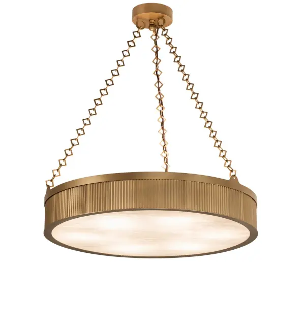 Memphis offers minimalist contemporary lighting for residential, hospitality, and commercial settings. A Gold Metallic finished grooved perimeter is lined around an Angelwing Idalight drum-styled diffuser. Place as a ceiling fixture in dining areas, hallways, and living spaces. It is inspired by decorative styles from Virginia Beach, Virginia, to Omaha, Nebraska, to Bakersfield, California. The Memphis Semi-Flushmount is included in our American-made, American-designed, handcrafted Transitional Lighting Collection and manufactured in Yorkville, New York. UL and cUL listed for dry and damp locations. Collection: Memphis Finish: Gold Metallic Glass: Angelwing Idalight Width: 30.00" Height: 33.00" Length: 30.00" Weight: 22.00 lb Number of Bulbs: 6 Maximum Wattage: 60.00 W Bulb Type: A19 Bulb Base: E26 Material: Steel Country of Origin: USA Safety Rating: Damp