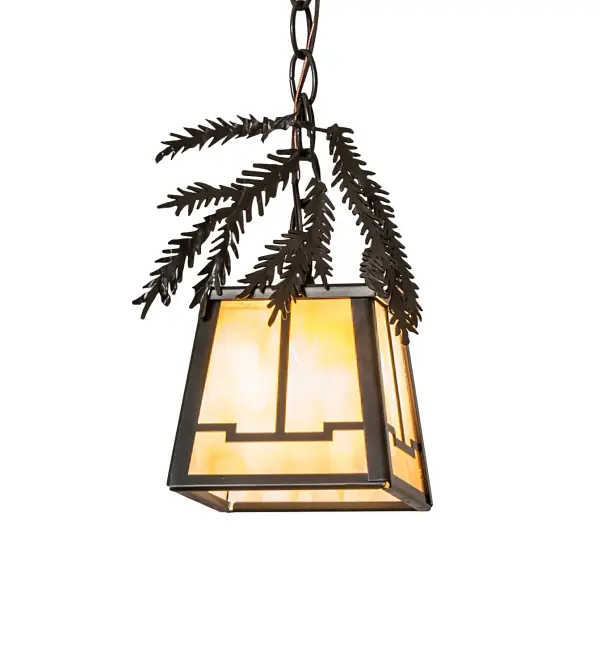 Enjoy the natural beauty of the American woodlands with this stunning mini pendant. The solid hardware is designed with decorative metal branches and pine needles in a Timeless Bronze finish. A geometric-styled lantern features a lovely Beige Iridescent Glass lens. Overall height ranges from 9 to 39 inches as the chain easily adjusts in the field. Install the mini pendants in groups to create a brilliant design statement in residential and hospitality locations. The Pine Branch Mini Pendant is included in our American-made, American designed handcrafted Nature Inspired Collection and manufactured in Yorkville, New York. UL and cUL listed for dry and damp locations. Collection: Pine Branch Finish: Timeless Bronze Glass: Beige Iridescent Glass Width: 8.00" Height: 9.00" Length: 5.50" Weight: 4.00 lb Number of Bulbs: 1 Maximum Wattage: 60.00 W Bulb Type: T3 Bulb Base: G9 Light Source: Halogen Material: Steel Country of Origin: USA Safety Rating: Damp