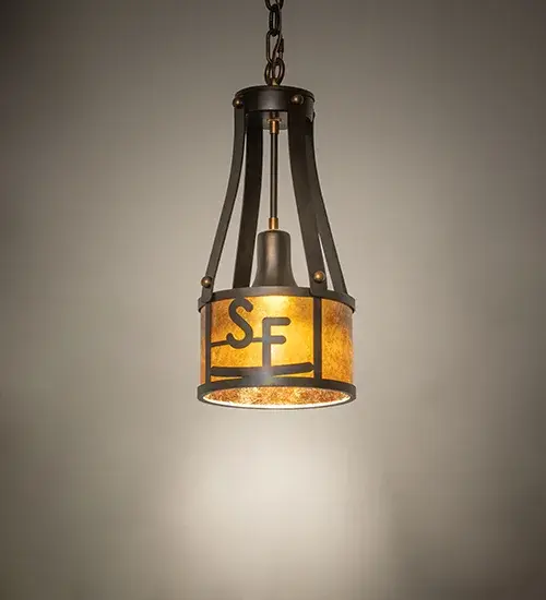 A handsome pendant personalized with the SF monogram. The fixture features an Amber Mica shade that is enhanced with the frame; hardware; and graphics offered in a Dark Burnished Antique Copper finish. The overall height ranges from 22 to 54 inches; as the chain length can be easily adjusted in the field to accommodate your specific lighting application needs. The Personalized SF Monogram Pendant is included in our American-made; American-designed; handcrafted Personalized Lighting Collection; which is manufactured in Yorkville; New York. The fixture is UL and cUL listed for dry and damp locations. This specific fixture can be ordered by calling us and adding your own monogram or business name and logo for your next project. Please call for pricing and lead time.