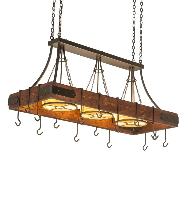 An upscale rustic design that integrates form and function, the Steamboat Pot Rack is highlighted with Bronze Hand-Forged Iron arms, decorative accents, and a Mahogany Wood frame with hooks to display fine cookware for easy access in kitchens. Three circular Creme Carrare Idalight diffusers provide optimal downlighting on counter surfaces, tabletops, islands, and architectural accents. Overall height ranges from 31 to 141 inches as the chains easily adjust in the field. The Steamboat Pot Rack is featured in our American-made, American-designed, handcrafted Lighted Pot Rack Collection. Manufactured in Yorkville, New York. UL and cUL listed for dry and damp locations. Collection: Steamboat Finish: Bronze/Red Mahogany Wood Glass: Creme Carrare Idalight Width: 24.00" Height: 31.00" Length: 60.00" Weight: 130.00 lb Number of Bulbs: 6 Maximum Wattage: 60.00 W Bulb Type: A19 Bulb Base: E26 Material: Steel/Wood Country of Origin: USA Safety Rating: Damp