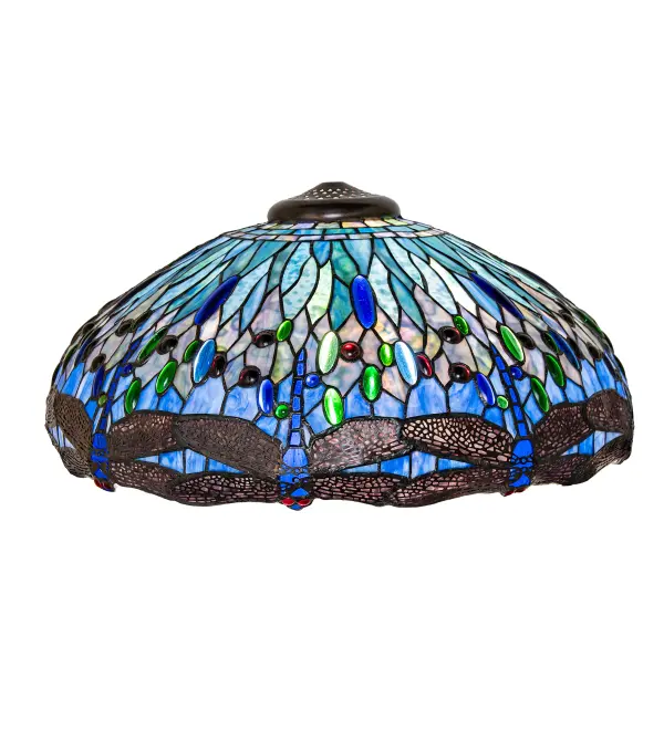 This beloved lighting design is modeled after the original hanging head dragonfly from Tiffany Studios. Diving Blue Dragonflies with glowing jeweled eyes and delicate metal filigree wings circle over hand-cut and copperfoiled pieces of Lakeside Blue and Pond Green glass representing rippling water. This lovely shade is created using the famous Meyda Tiffany copperfoil construction and can be paired with a base to create a floor or table lamp. It can also be used to build a stunning ceiling fixture. Each shade is a unique work of art with color variations based on natural ingredients inherent in the glass. Contact us if color matching is critical when ordering multiple items. Collection: Tiffany Hanginghead Dragonfly Finish: Mahogany Bronze Glass: Stained Glass Width: 22.00" Height: 11.00" Length: 22.00" Weight: 11.50 lb Country of Origin: CHINA Safety Rating: Dry
