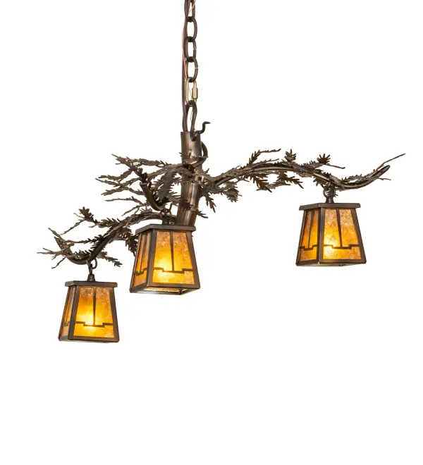 Invite the natural charm of the American woodlands into your home, camp, lodge, or business with this stunning chandelier. 3 Amber Mica lanterns with a handsome Arts & Crafts design adorn Pine Branch shaped accents with matching Pine Needles on this unique, Nature Inspired fixture. This striking ceiling fixture features a Dark Burnished Antique Copper finished Barkerized metal trunk to create a mesmerizing effect. Overall height ranges from 17 to 46 inches as the chain can easily adjust in the field. The Pine Branch Valley View Chandelier is featured in our American-made, American-designed, handmade Nature Inspired Lighting Collection. Manufactured in Yorkville, New York. UL and cUL listed for dry and damp locations. Collection: Pine Branch Finish: Dark Burnished Antique Copper Glass: Amber Mica Width: 24.00" Height: 17.00" Length: 24.00" Weight: 8.00 lb Number of Bulbs: 3 Maximum Wattage: 60.00 W Bulb Type: T4 Bulb Base: G9 Material: Steel Country of Origin: USA Safety Rating: Damp