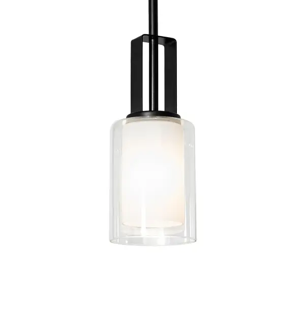 A cool contemporary look. A Clear Glass shade reveals a stylish White Glass cylinder in a chic pendant. The design is enhanced with sturdy industrial-designed hardware highlighted in a Solar Black finish. Line up the mini pendants in groups over islands, bars, counters, and tables to make a stunning design statement in residential, hospitality, and commercial environments. Ideal for installation in homes and restaurants from Boston, Massachusetts, to Cleveland, Ohio, to Los Angeles, California. The Horton Mini Pendant is included in our American-designed, handcrafted Modern Lighting Collection. UL & cUL listed for dry and damp locations. Collection: Horton Finish: Solar Black Glass: Clear And White Glass Width: 4.25" Height: 55.00" Length: 4.25" Weight: 3.00 lb Number of Bulbs: 1 Maximum Wattage: 60.00 W Bulb Type: A15 Bulb Base: E26 Material: Steel Country of Origin: CHINA Safety Rating: Damp