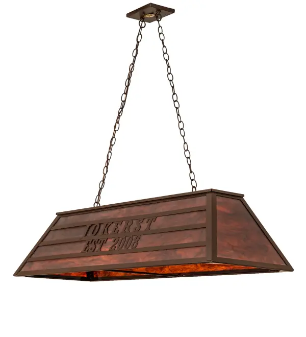 A handsome oblong pendant personalized with the name; Jokerst; Est 2008. The fixture features a Frosted Maduro Idalight shade that is enhanced with the frame; hardware; and graphics offered in a Caf? Noir finish.?A metal leaf accent is featured on the canopy to match the top of the fixture frame. The overall height ranges from 17 to 43 inches; as the chain length can be easily adjusted in the field to accommodate your specific lighting application needs. The Personalized Jokerst Oblong Pendant is featured in our American-made; American-designed; handcrafted Personalized Lighting Collection and manufactured in Yorkville; New York. This specific fixture can be ordered by calling us and adding your own business or family name for your next project. Please call for pricing and lead time.