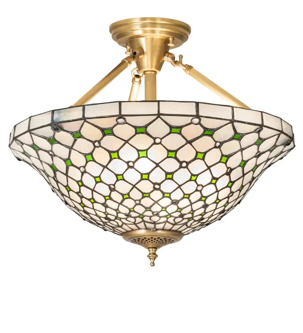 Diamond patterns of Iridescent Ivory and Ivy Green are accented with sparkling Clear jewel droplets in this elegant art glass shade. The versatile inverted shade is created using the famous Meyda Tiffany copperfoil construction process. The hardware is hand finished in luxurious Brushed Brass. The Diamond & Jewel Recurve Semi-Flushmount is included in our American-designed; handcrafted Stained Glass Lighting Collection. UL and cUL listed for dry and damp locations. Each shade is a unique work of art with color variations based on natural ingredients inherent in the glass. Please contact us if color matching is critical when ordering multiple items.