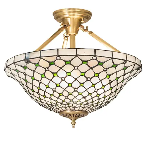 Diamond patterns of Iridescent Ivory and Ivy Green are accented with sparkling Clear jewel droplets in this elegant art glass shade. The versatile inverted shade is created using the famous Meyda Tiffany copperfoil construction process. The hardware is hand finished in luxurious Brushed Brass. The Diamond & Jewel Recurve Semi-Flushmount is included in our American-designed; handcrafted Stained Glass Lighting Collection. UL and cUL listed for dry and damp locations. Each shade is a unique work of art with color variations based on natural ingredients inherent in the glass. Please contact us if color matching is critical when ordering multiple items. - alternate view