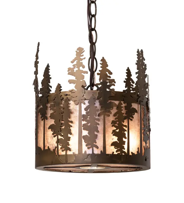 Mesmerizing Pine Tree silhouettes stand tall as the brilliant morning sun rises above the woodlands in the background of this handsome ceiling pendant. Beautiful ambient light is projected through a stunning Silver Mica shade with a matching bottom diffuser. The shade is complemented with decorative accents and hardware featured in an Antique Copper finish. Overall height ranges from 20 to 48 inches as the chain adjusts easily in the field. The Tall Pines Flushmount is included in our American-made, American-designed, handcrafted Nature Inspired Lighting Collection and manufactured in Yorkville, New York. UL and cUL listed for dry and damp locations. Collection: Tall Pines Finish: Antique Copper Glass: Silver Mica Width: 10.00" Height: 20.00" Length: 10.00" Weight: 7.50 lb Number of Bulbs: 2 Maximum Wattage: 60.00 W Bulb Type: A15 Bulb Base: E26 Material: Steel Country of Origin: USA Safety Rating: Damp