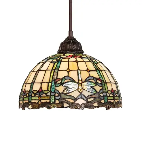 Inspired by Tiffany Studio's most beloved stained glass design; this stunning lamp is modeled after the original dragonfly design. Diving dragonflies of Green-Yellow Glass circle over hand-cut and copper foiled pieces of Beige and Green art glass. The elegant hardware features a hand-applied Mahogany Bronze finish. The pendant is ideal above tables and islands in residential and hospitality settings. The lovely shade is handcrafted using the renowned Meyda Tiffany copper foil construction process. The overall height can be adjusted by combining the four stem lengths that are included: 6-inch; 12-inch; 16-inch; and 24-inch; in any combination to achieve the desired drop from the ceiling. The Dragonfly Pendant is featured in our American-designed; handcrafted Stained Glass Lighting Collection. UL and cUL listed for dry and damp locations. Each shade is a unique work of art; featuring color variations derived from the natural ingredients inherent in the glass. - alternate view