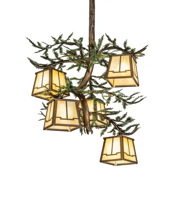 Invite the natural charm of the American woodlands into your camp; lodge; home; or business with this awe-inspiring chandelier. Five Beige Iridescent Glass lanterns are offered in this stunning Arts & Crafts design; with an Antique Copper finish; and crowned with Green Handpainted Metal Branches. The fixture is inspired by the beautiful Pine Tree forests from the Chiricahua Mountains and Huachuca Mountains near Tucson and Sierra Vista in Arizona; to the Pine Forest Range in Humboldt County in Nevada. It is ideal for making a dramatic design statement in an entryway; lobby; or ballroom. The Pine Branch Valley View 5 Light Chandelier is included in our American-made; American-designed; handcrafted Nature Inspired Lighting Collection. UL and cUL listed for dry and damp locations.