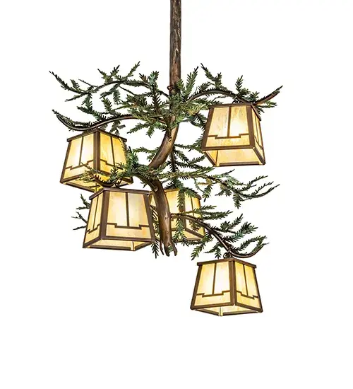 Invite the natural charm of the American woodlands into your camp; lodge; home; or business with this awe-inspiring chandelier. Five Beige Iridescent Glass lanterns are offered in this stunning Arts & Crafts design; with an Antique Copper finish; and crowned with Green Handpainted Metal Branches. The fixture is inspired by the beautiful Pine Tree forests from the Chiricahua Mountains and Huachuca Mountains near Tucson and Sierra Vista in Arizona; to the Pine Forest Range in Humboldt County in Nevada. It is ideal for making a dramatic design statement in an entryway; lobby; or ballroom. The Pine Branch Valley View 5 Light Chandelier is included in our American-made; American-designed; handcrafted Nature Inspired Lighting Collection. UL and cUL listed for dry and damp locations. - alternate view