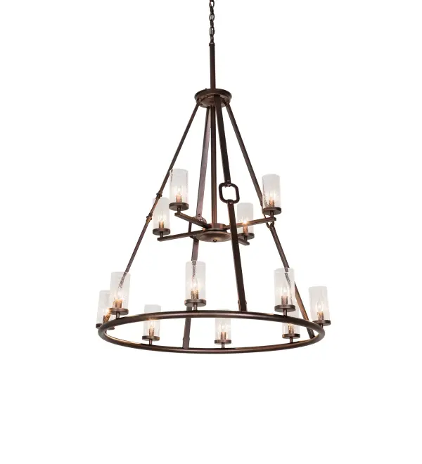 Blending an elegant style with a classic; distinguished look. Loxley Hugo is custom-crafted with 12 Clear Seeded Glass Cylindres on a sturdy ring featured in a Mahogany Bronze finish. The striking chandelier is ideal for illuminating entryways; ballrooms; and lobbies. Inspired by chandeliers in homes from Hilton Head Island; South Carolina; to West Palm Beach; Florida; to Dallas; Texas. The overall height ranges from 58 to 95 inches; as the chain can be easily adjusted in the field to meet your precise requirements. The Loxley Chandelier is included in our American-made; American-designed; handcrafted Transitional Lighting Collection and manufactured in Yorkville; New York. UL and cUL listed for dry and damp locations.