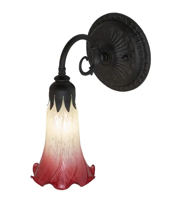Recreating the famous Tiffany design from the early 1900s. This wall sconce features a stunning shade created of Seafoam and Cranberry Favrile Style art glass. An elegant cast metal wallplate embraces the Lily shade with a floral-styled fitter finished by hand in Oil Rubbed Bronze. The Pond Lily Wall Sconce is included in our American-designed, handcrafted Favrile Glass Lighting Collection. UL and cUL listed for dry and damp locations. Each shade is a unique work of art with color variations based on natural ingredients inherent in the glass. Please contact us if color matching is critical when ordering multiple items. Collection: Seafoam/Cranberry Finish: Oil Rubbed Bronze Glass: Seafoam/Cranberry Width: 5.50" Height: 10.00" Length: 7.00" Weight: 1.50 lb Extension from Wall: 7.00" Number of Bulbs: 1 Maximum Wattage: 60.00 W Bulb Type: B10 Bulb Base: E12 Material: Steel Country of Origin: CHINA Safety Rating: Damp