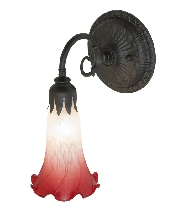 Every Meyda Tiffany item is a unique handcrafted work of art. Natural variations in the wide array of materials that we use to create each Meyda product make every item a masterpiece of its own. Photographs are a general representation of the product. Colors and designs will vary. Collection: Pink/White Finish: Oil Rubbed Bronze Glass: Pink & White Blown Glass Width: 5.50" Height: 10.00" Length: 7.50" Weight: 2.00 lb Extension from Wall: 7.50" Number of Bulbs: 1 Maximum Wattage: 60.00 W Bulb Type: B10 Bulb Base: E12 Material: Steel Country of Origin: CHINA Safety Rating: Damp