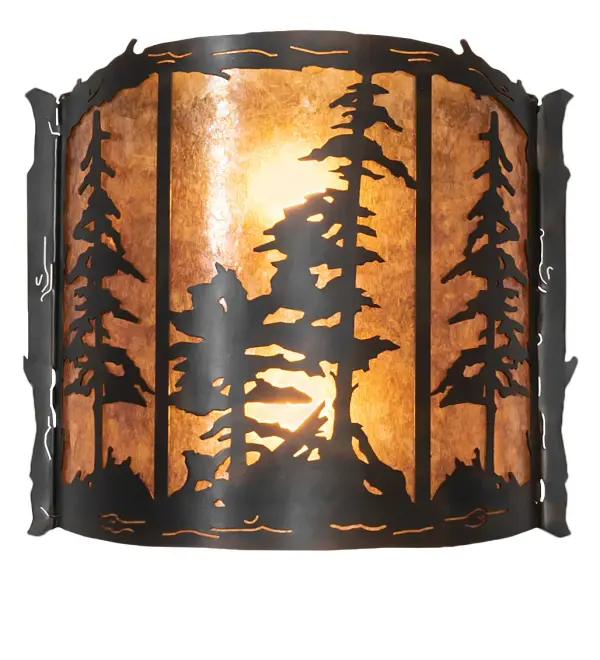 This stunning wall sconce features mesmerizing Tall Pine Trees and woodland metal silhouettes. Beautiful ambient light is projected in an Amber Mica curvaceous shade complemented with a Dark Burnished Antique Copper finish. The Tall Pines Wall Sconce is included in our American-made, American-designed, handcrafted Nature-Inspired Lighting Collection. Manufactured in Yorkville, New York. UL and cUL listed for dry and damp locations. Collection: Tall Pines Finish: Dark Burnished Antique Copper Glass: Amber Mica Width: 15.00" Height: 14.00" Length: 5.50" Weight: 4.50 lb Extension from Wall: 5.50" Number of Bulbs: 2 Maximum Wattage: 60.00 W Bulb Type: A19 Bulb Base: E26 Material: Steel Country of Origin: USA Safety Rating: Damp