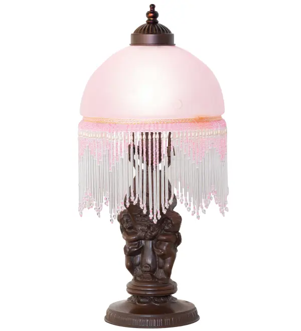 A charming nostalgic accent lamp. This Roussillon Lamp features a stunning Pink art glass shade and is color-coordinated with delicate complementary glass beaded fringe. This Victorian-inspired; intricately detailed shade is combined with a beautifully detailed Twin Cherub with a Lantern base in a Mahogany Bronze finish. The Roussillon Mini Lamp Lamp is included in our American-designed; handcrafted Nostalgic Collection. UL and cUL listed for dry locations.