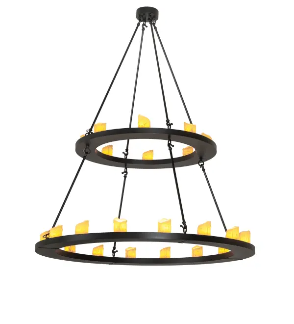 Blending an elegant style with a classic, distinguished look. The large Loxley Chandelier is custom-crafted with 24 Ivory faux candles on two sturdy rings featured in a Textured Black finish. The striking chandelier is ideal for illuminating entryways, ballrooms, and lobbies in hospitality and commercial locations. Inspired by chandeliers in mansions and other areas from Hilton Head Island, South Carolina, to West Palm Beach, Florida, to Dallas, Texas. The Loxley Chandelier is included in our American-made, American-designed, handcrafted Transitional Lighting Collection and manufactured in Yorkville, New York. UL and cUL listed for dry and damp locations. Collection: Loxley Finish: Textured Black Glass: Black Metal Finish Width: 54.00" Height: 65.00" Length: 54.00" Weight: 90.00 lb Number of Bulbs: 24 Maximum Wattage: 5.50 W Bulb Type: B11 Bulb Base: E26 Light Source: LED Material: Steel Country of Origin: USA Safety Rating: Damp LED