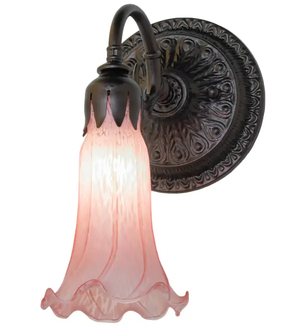 Every Meyda Tiffany item is a unique handcrafted work of art. Natural variations in the wide array of materials that we use to create each Meyda product make every item a masterpiece of its own. Photographs are a general representation of the product. Colors and designs will vary. Collection: Pink Finish: Mahogany Bronze Glass: Pink Width: 5.00" Height: 10.00" Length: 8.00" Weight: 2.00 lb Extension from Wall: 8.00" Number of Bulbs: 1 Maximum Wattage: 60.00 W Bulb Type: B10 Bulb Base: E12 Material: Zinc Country of Origin: CHINA Safety Rating: Damp