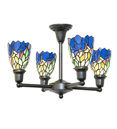 Stylized Wedgewood Blue Iris flowers with Spring Green leaves enhance these delicate stained art glass shades. Each elegant shade is created with hand-cut glass and the famous Meyda Tiffany copperfoil construction technique. Three art glass shades are suspended from the gracefully designed arms of the chandelier; which features American-made; Revival-styled Brass Hardware hand-finished in a warm Craftsman Brown. The shade design is inspired by many beautiful botanical gardens; from the Brookgreen Gardens in Murrells Inlet; South Carolina; to Marie Selby Botanical Gardens in Sarasota; Florida; to the San Francisco Botanical Garden. The Iris Revival 4 Light Chandelier is included in our American-designed; handcrafted Stained Glass Lighting Collection. Each shade is a unique work of art with color variations based on natural ingredients inherent in the glass. Please get in touch with us if color matching is critical when ordering multiple items. - alternate view