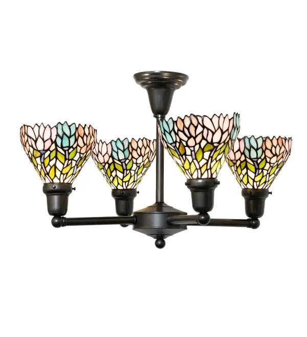Stylized Wisteria flower clusters in Petal Pink; Amethyst Blue; and Dark Mauve with Jade Green leaves and Dark Mauve vines drape over the Beige background of the four inverted shades featured in this chandelier. The classic styling of Tiffany stained glass and soft pastel colors will add charm to any room. The stunning shades are made of hand-cut glass using the famous Meyda Tiffany copperfoil construction technique. This lighting fixture is complemented with authentic Revival-styled Brass Hardware in a warm Craftsman Brown finish. The luminaire is inspired by flowers found in a variety of gardens; from the Gibbs Gardens in Ball Ground; Georgia; to the Minnesota Landscape Arboretum in Chaska; Minnesota. The Wisteria Pendant is included in our American-designed; handcrafted Stained Glass Lighting Collection. UL & cUL listed for dry and damp locations. Each shade is a unique work of art with color variations based on natural ingredients inherent in the glass.