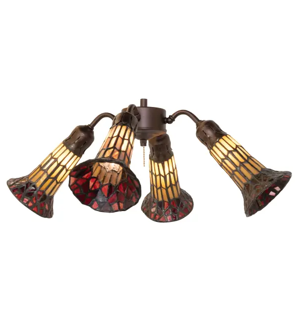 Inspired by the famous Tiffany design from the early 1900s. This fan light fixture features 4 stunning shades created of Honey and Red art glass using the famous Meyda Tiffany copperfoil construction technique. An elegant cast metal hub embraces the Lily shades with fitters finished by hand in Mahogany Bronze. The Tiffany Pond Lily 4 Light Fan Light is included in our American-designed; handcrafted Stained Glass Lighting Collection. UL and cUL listed for dry and damp locations. Each shade is a unique work of art with color variations based on natural ingredients inherent in the glass. Please contact us if color matching is critical when ordering multiple items. Fan not included.