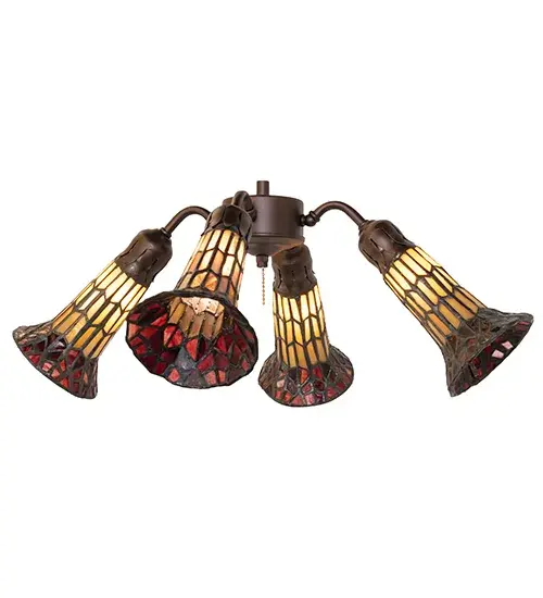 Inspired by the famous Tiffany design from the early 1900s. This fan light fixture features 4 stunning shades created of Honey and Red art glass using the famous Meyda Tiffany copperfoil construction technique. An elegant cast metal hub embraces the Lily shades with fitters finished by hand in Mahogany Bronze. The Tiffany Pond Lily 4 Light Fan Light is included in our American-designed; handcrafted Stained Glass Lighting Collection. UL and cUL listed for dry and damp locations. Each shade is a unique work of art with color variations based on natural ingredients inherent in the glass. Please contact us if color matching is critical when ordering multiple items. Fan not included. - alternate view