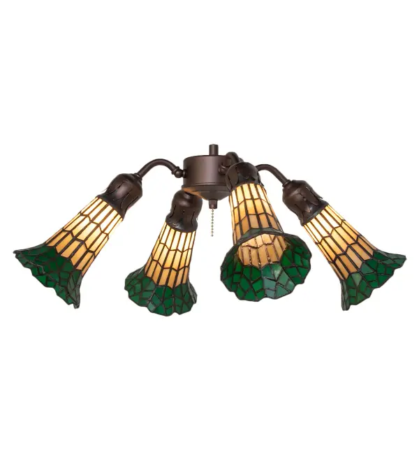 Inspired by the famous Tiffany design from the early 1900s. This fan light fixture features 4 stunning shades created of Honey Wispy and Kelly Green art glass using the famous Meyda Tiffany copperfoil construction technique. An elegant cast metal hub embraces the Lily shades with a floral-styled fitter finished by hand in Mahogany Bronze. The Tiffany Pond Lily 4 Light Fan Light is included in our American-designed, handcrafted Stained Glass Lighting Collection. UL and cUL listed for dry and damp locations. Each shade is a unique work of art with color variations based on natural ingredients inherent in the glass. Please contact us if color matching is critical when ordering multiple items. Fan not included. Collection: Stained Glass Pond Lily Finish: Mahogany Bronze Glass: Honey Wispy/Kelly Green Width: 19.00" Height: 9.00" Length: 19.00" Weight: 8.00 lb Number of Bulbs: 4 Maximum Wattage: 60.00 W Bulb Type: B10 Bulb Base: E12 Material: Steel Country of Origin: CHINA Safety Rating: Damp