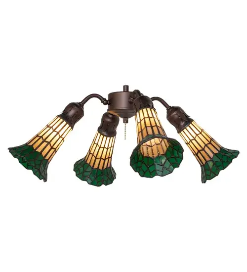 Inspired by the famous Tiffany design from the early 1900s. This fan light fixture features 4 stunning shades created of Honey Wispy and Kelly Green art glass using the famous Meyda Tiffany copperfoil construction technique. An elegant cast metal hub embraces the Lily shades with a floral-styled fitter finished by hand in Mahogany Bronze. The Tiffany Pond Lily 4 Light Fan Light is included in our American-designed, handcrafted Stained Glass Lighting Collection. UL and cUL listed for dry and damp locations. Each shade is a unique work of art with color variations based on natural ingredients inherent in the glass. Please contact us if color matching is critical when ordering multiple items. Fan not included. Collection: Stained Glass Pond Lily Finish: Mahogany Bronze Glass: Honey Wispy/Kelly Green Width: 19.00" Height: 9.00" Length: 19.00" Weight: 8.00 lb Number of Bulbs: 4 Maximum Wattage: 60.00 W Bulb Type: B10 Bulb Base: E12 Material: Steel Country of Origin: CHINA Safety Rating: Damp - alternate view
