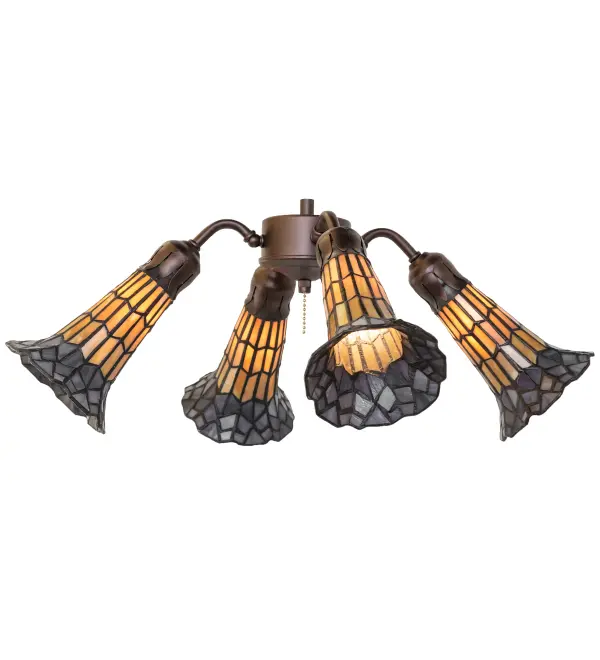 Inspired by the famous Tiffany design from the early 1900s. This fan light fixture features 4 stunning shades created of Honey Wispy and Kelly Green art glass using the famous Meyda Tiffany copperfoil construction technique. An elegant cast metal hub embraces the Lily shades with a floral-styled fitter finished by hand in Mahogany Bronze. The Tiffany Pond Lily 4 Light Fan Light is included in our American-designed, handcrafted Stained Glass Lighting Collection. UL and cUL listed for dry and damp locations. Each shade is a unique work of art with color variations based on natural ingredients inherent in the glass. Please contact us if color matching is critical when ordering multiple items. Fan not included. Collection: Stained Glass Pond Lily Finish: Mahogany Bronze Glass: Honey Wispy & Purple Width: 19.00" Height: 9.00" Length: 19.00" Weight: 8.00 lb Number of Bulbs: 4 Maximum Wattage: 60.00 W Bulb Type: B10 Bulb Base: E12 Material: Steel Country of Origin: CHINA Safety Rating: Damp