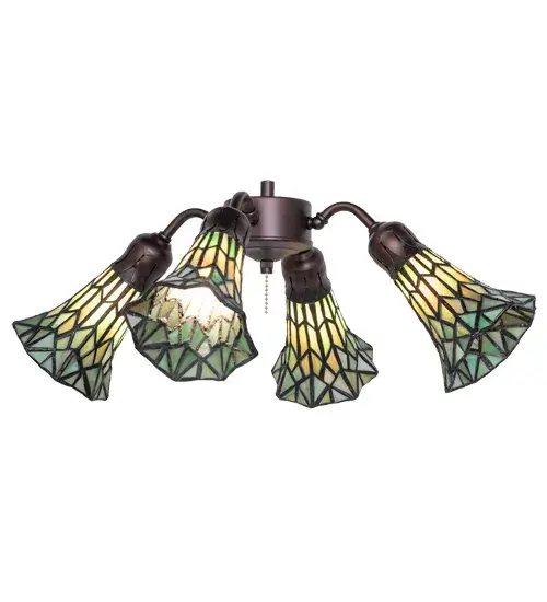 Inspired by the famous Tiffany design from the early 1900s. This fan light fixture features 4 stunning shades created of Green art glass using the famous Meyda Tiffany copperfoil construction technique. An elegant cast metal hub embraces the Lily shades with a floral-styled fitter finished by hand in Mahogany Bronze. The Tiffany Pond Lily 4 Light Fan Light is included in our American-designed, handcrafted Stained Glass Lighting Collection. UL and cUL listed for dry and damp locations. Each shade is a unique work of art with color variations based on natural ingredients inherent in the glass. Please contact us if color matching is critical when ordering multiple items. Fan not included. Collection: Stained Glass Pond Lily Finish: Mahogany Bronze Glass: Green Stained Glass Width: 19.00" Height: 9.00" Length: 19.00" Weight: 8.00 lb Number of Bulbs: 4 Maximum Wattage: 60.00 W Bulb Type: B10 Bulb Base: E12 Material: Steel Country of Origin: CHINA Safety Rating: Damp - alternate view