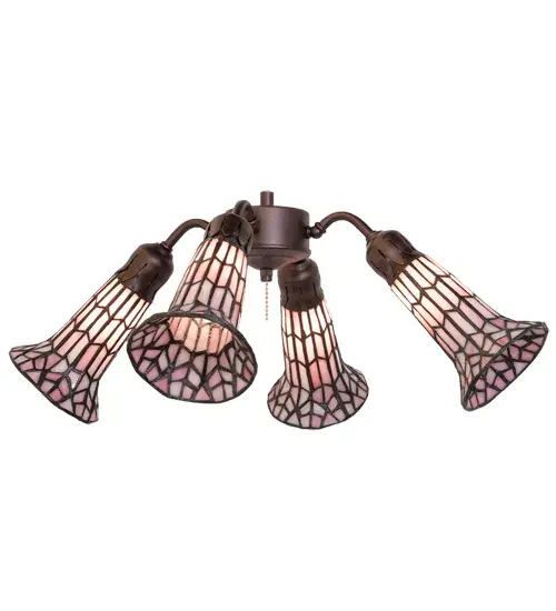 Inspired by the famous Tiffany design from the early 1900s. This fan light fixture features 4 stunning shades created with Pink art glass using the famous Meyda Tiffany copperfoil construction technique. An elegant cast metal hub embraces the Lily shades with a floral-styled fitter finished by hand in Mahogany Bronze. The Tiffany Pond Lily 4 Light Fan Light is included in our American-designed, handcrafted Stained Glass Lighting Collection. UL and cUL listed for dry and damp locations. Each shade is a unique work of art with color variations based on natural ingredients inherent in the glass. Please contact us if color matching is critical when ordering multiple items. Fan not included. Collection: Stained Glass Pond Lily Finish: Mahogany Bronze Glass: Pink Width: 19.00" Height: 9.00" Length: 19.00" Weight: 8.00 lb Number of Bulbs: 4 Maximum Wattage: 60.00 W Bulb Type: B10 Bulb Base: E12 Material: Steel Country of Origin: CHINA Safety Rating: Damp - alternate view