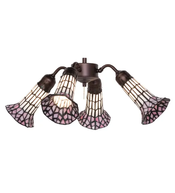 Inspired by the famous Tiffany design from the early 1900s. This fan light fixture features 4 stunning shades created with Pink and White art glass using the famous Meyda Tiffany copperfoil construction technique. An elegant cast metal hub embraces the Lily shades with a floral-styled fitter finished by hand in Mahogany Bronze. TheTiffany Pond Lily 4 Light Fan Light is included in our American-designed, handcrafted Stained Glass Lighting Collection. UL and cUL listed for dry and damp locations. Each shade is a unique work of art with color variations based on natural ingredients inherent in the glass. Please contact us if color matching is critical when ordering multiple items. Fan not included. Collection: Stained Glass Pond Lily Finish: Mahogany Bronze Glass: Pink/White Width: 19.00" Height: 9.00" Length: 19.00" Weight: 8.00 lb Number of Bulbs: 4 Maximum Wattage: 60.00 W Bulb Type: B10 Bulb Base: E12 Material: Steel Country of Origin: CHINA Safety Rating: Damp