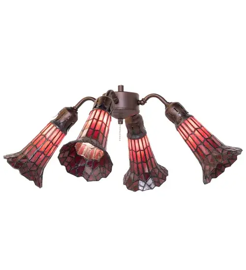 Inspired by the famous Tiffany design from the early 1900s. This fan light fixture features 4 stunning shades created with Red art glass using the famous Meyda Tiffany copperfoil construction technique. An elegant cast metal hub embraces the Lily shades with a floral-styled fitter finished by hand in Mahogany Bronze. The Tiffany Pond Lily 4 Light Fan Light is included in our American-designed, handcrafted Stained Glass Lighting Collection. UL and cUL listed for dry and damp locations. Each shade is a unique work of art with color variations based on natural ingredients inherent in the glass. Please contact us if color matching is critical when ordering multiple items. Fan not included. Collection: Stained Glass Pond Lily Finish: Mahogany Bronze Glass: Red Width: 19.00" Height: 9.00" Length: 19.00" Weight: 8.00 lb Number of Bulbs: 4 Maximum Wattage: 60.00 W Bulb Type: B10 Bulb Base: E12 Material: Steel Country of Origin: CHINA Safety Rating: Damp - alternate view