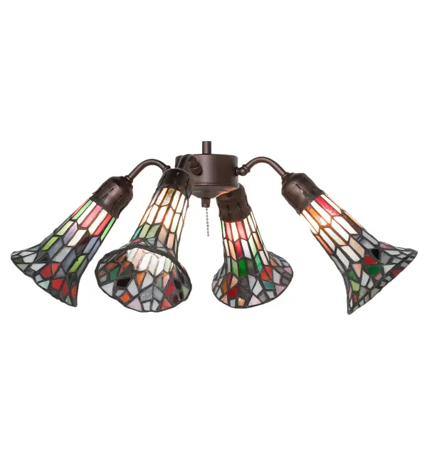 Inspired by the famous Tiffany design from the early 1900s. This fan light fixture features 4 stunning shades created of Multicolored art glass using the famous Meyda Tiffany copperfoil construction technique. An elegant cast metal hub embraces the Lily shades with a floral-styled fitter finished by hand in Mahogany Bronze. The Tiffany Pond Lily 4 Light Fan Light is included in our American-designed, handcrafted Stained Glass Lighting Collection. UL and cUL listed for dry and damp locations. Each shade is a unique work of art with color variations based on natural ingredients inherent in the glass. Please contact us if color matching is critical when ordering multiple items. Fan not included. Collection: Stained Glass Pond Lily Finish: Mahogany Bronze Glass: Multi-Colored Width: 19.00" Height: 9.00" Length: 19.00" Weight: 8.00 lb Number of Bulbs: 4 Maximum Wattage: 60.00 W Bulb Type: B10 Bulb Base: E12 Material: Steel Country of Origin: CHINA Safety Rating: Damp