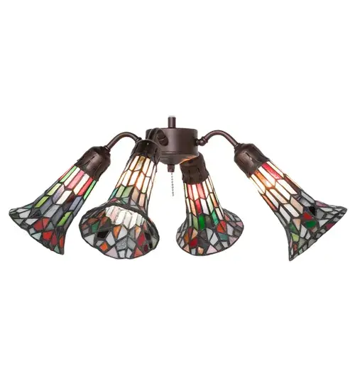 Inspired by the famous Tiffany design from the early 1900s. This fan light fixture features 4 stunning shades created of Multicolored art glass using the famous Meyda Tiffany copperfoil construction technique. An elegant cast metal hub embraces the Lily shades with a floral-styled fitter finished by hand in Mahogany Bronze. The Tiffany Pond Lily 4 Light Fan Light is included in our American-designed, handcrafted Stained Glass Lighting Collection. UL and cUL listed for dry and damp locations. Each shade is a unique work of art with color variations based on natural ingredients inherent in the glass. Please contact us if color matching is critical when ordering multiple items. Fan not included. Collection: Stained Glass Pond Lily Finish: Mahogany Bronze Glass: Multi-Colored Width: 19.00" Height: 9.00" Length: 19.00" Weight: 8.00 lb Number of Bulbs: 4 Maximum Wattage: 60.00 W Bulb Type: B10 Bulb Base: E12 Material: Steel Country of Origin: CHINA Safety Rating: Damp - alternate view