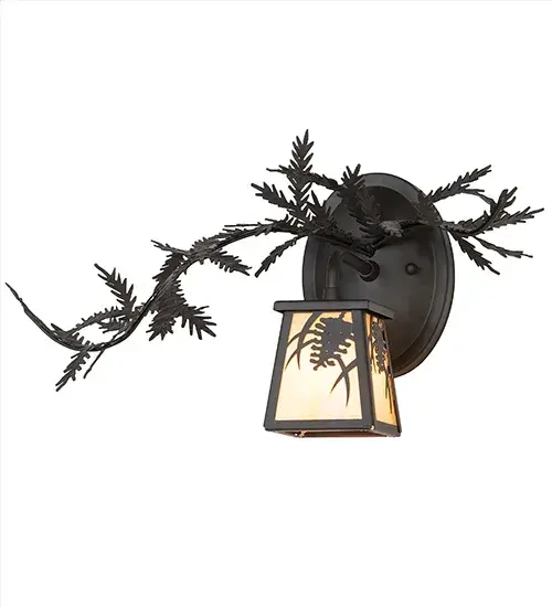 Enjoy the natural beauty of the American woodlands with this stunning wall luminaire. The solid hardware is designed with decorative metal branches and pine needles in an Oil Rubbed Bronze finish. A Pinecone-styled lantern showcases a lovely Beige Iridescent Glass lens. Inspired by Pine Forests located in the Apalachicola national forest on the Florida Trail; to the White Mountains of Arizona and New Mexico; to the Arapaho in the Rockies. The fixture can be used as a wall sconce in a hallway and other rooms in lodges; camps; and other residential and hospitality locations. The Pine Branch Wall Sconce is included in our American-made; American designed handcrafted Nature Inspired Collection and manufactured in Yorkville; New York. UL and cUL listed for dry and damp locations. - alternate view