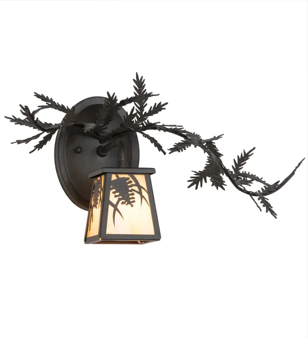 Enjoy the natural beauty of the American woodlands with this stunning wall luminaire. The solid hardware is designed with decorative metal branches and pine needles and features an Oil Rubbed Bronze finish. A Pinecone-styled lantern features a lovely Beige Iridescent Art Glass lens. Inspired by Pine Forests located in the Appalachian Trail in Georgia; to the Carson forest in the Sangre de Cristo Mountains in New Mexico; to the Chequamegon-Nicolet forest in Wisconsin. The fixture can be used as a wall sconce in a hallway and other rooms in lodges; camps; and other residential and hospitality locations. The Pine Branch Right Wall Sconce can be paired with model 261548; the Pine Branch Left Wall Sconce-- both are included in our American-made; American designed handcrafted Nature Inspired Collection. Manufactured in Yorkville; New York. UL and cUL listed for dry and damp locations.