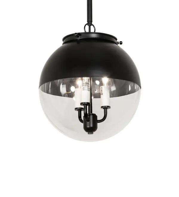 A superb contemporary look for a chic pendant. This bold; eye-catching Orb shade reveals a stylish Matte Black finished top half; while the lower half features Clear Glass that reveals three White faux candlelights providing beautiful ambient illumination. This unique decorative pendant is ideal for illuminating dining spaces and entryways from Concord; New Hampshire; to Springfield; Illinois; to Portland; Oregon. The Bola Dover Pendant is included in our American-designed; handcrafted Modern Lighting Collection. UL and cUL listed for dry and damp locations.