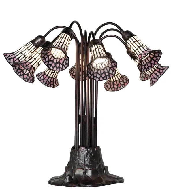Inspired by the famous Tiffany design from the early 1900s. This table lamp features 10 stunning Pink and White stained glass shades created using the famous Meyda Tiffany copperfoil construction technique. An elegant cast metal Lily pad base embraces the shades with fitters finished by hand in Mahogany Bronze. The Tiffany Pond Lily Light Table Lamp is included in our American-designed, handcrafted Stained Glass Lighting Collection. UL and cUL listed for dry locations. Each shade is a unique work of art with color variations based on natural ingredients inherent in the glass. Please contact us if color matching is critical when ordering multiple items. Collection: Stained Glass Pond Lily Finish: Mahogany Bronze Glass: Pink/White Width: 25.00" Height: 24.00" Length: 25.00" Weight: 17.00 lb Number of Bulbs: 10 Maximum Wattage: 25.00 W Bulb Type: B10 Bulb Base: E12 Material: Zinc Country of Origin: CHINA Safety Rating: Dry